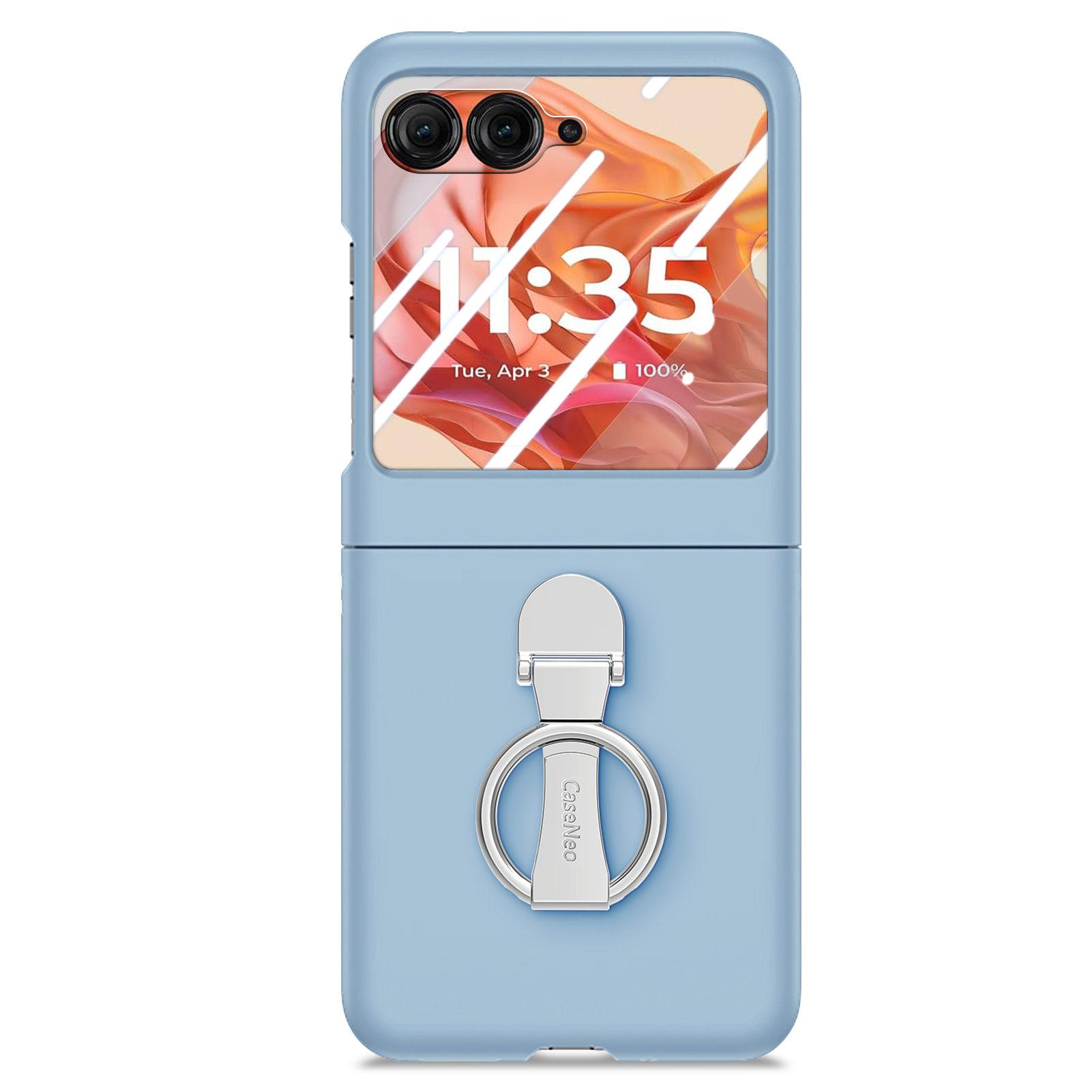 

For Motorola Razr 50 5G Case Ring Kickstand PC Phone Cover with Tempered Glass Rear Screen Film Baby Blue