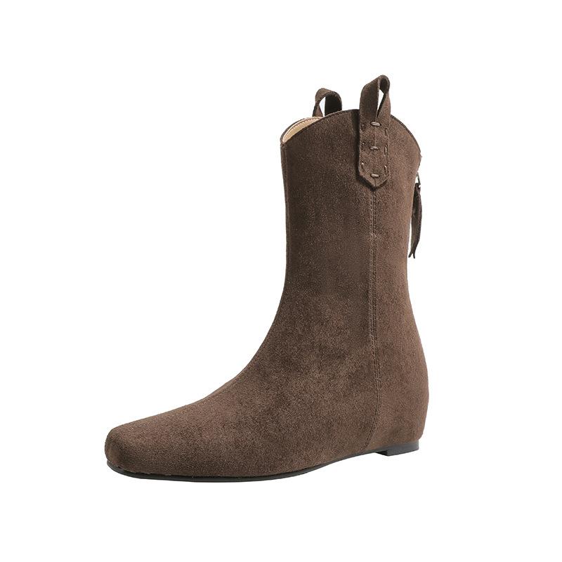 New suede medium boots retro thin boots square head western cowboy boots thick heel inner height increase short boots women