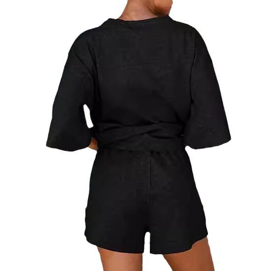 2025 Summer Women's 2-Piece Set: Seven-Sleeve Top & Elastic Waist Shorts