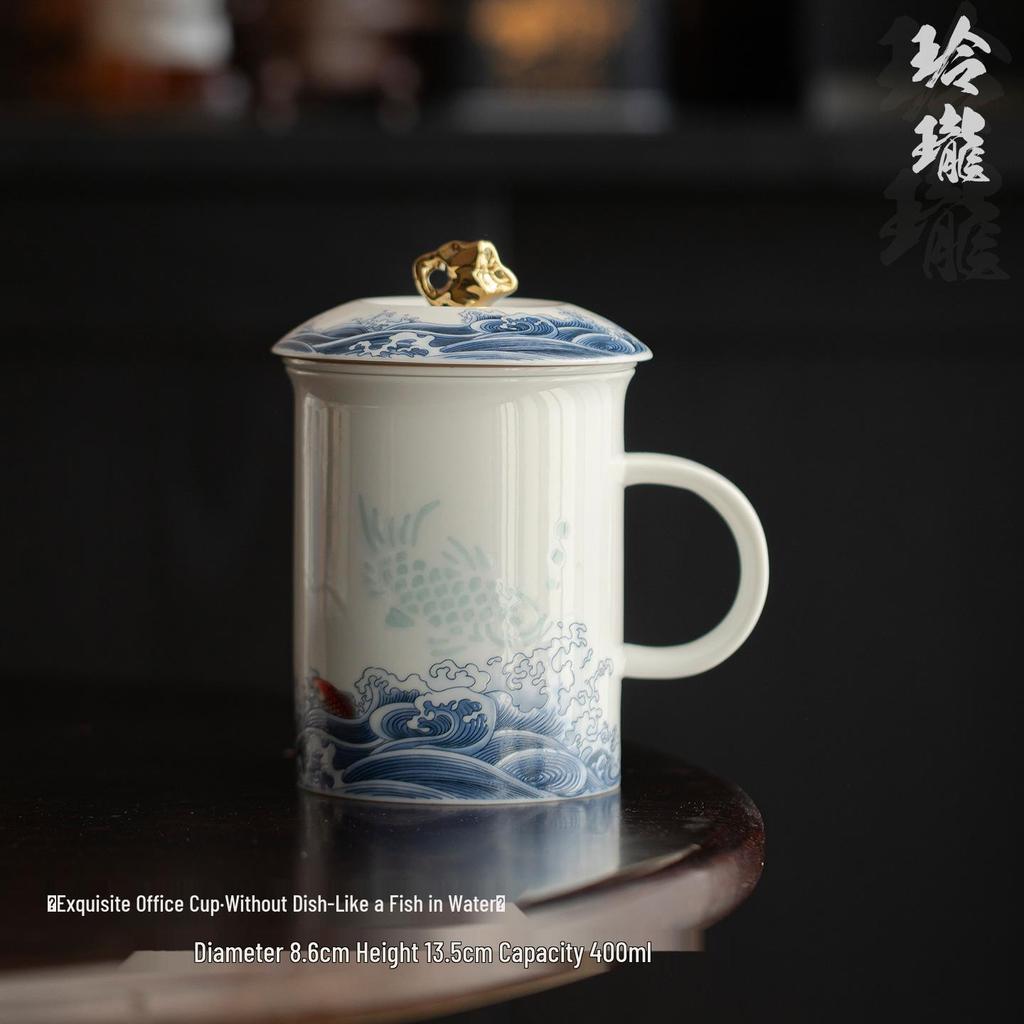 Exquisite Mutton Fat Jade Office Tea Cup Set with Lid & Filter