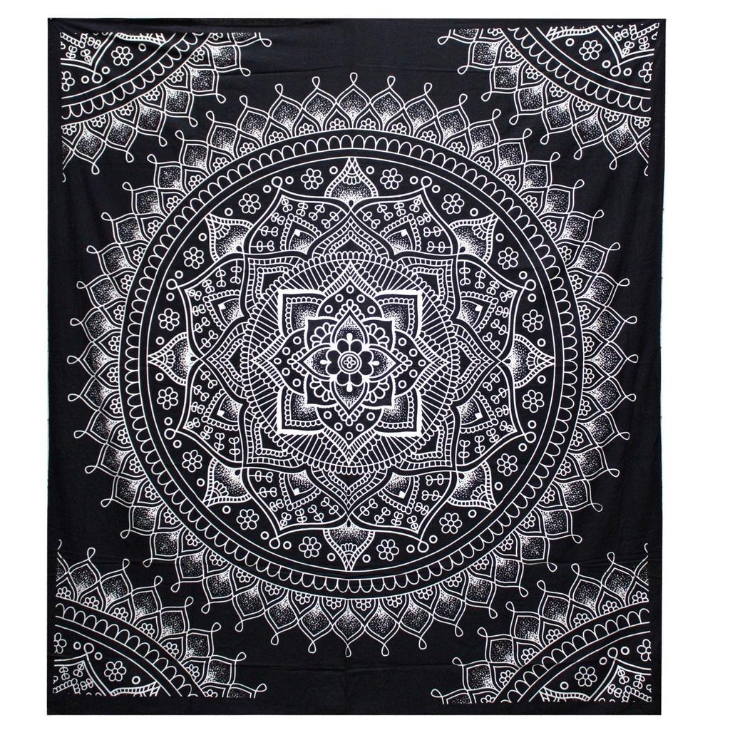 Double Cotton Bedspread Wall Hanging - Black White Lotus