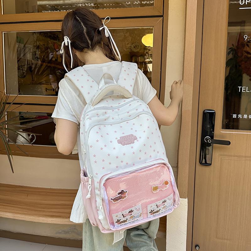 Women's Large Capacity Backpack Color Block Student Schoolbag Girls Stars Print Backpack