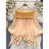 Fairy Top Super Fairy Sweet Heavy Industry Ruched off-Shoulder off-Shoulder Pure French Style Puff Sleeves Asymmetrical Chiffon Shirt