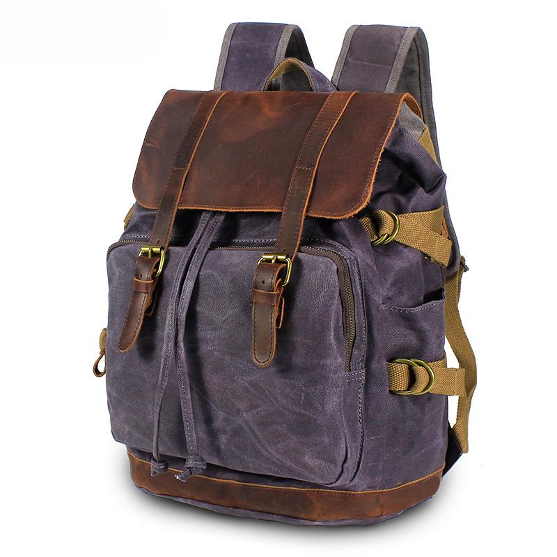 

Рюкзак мужской студенческий рюкзак ретро дорожная сумка водонепроницаемый холст с верхним слоем кожаная компьютерная дорожная сумка серый