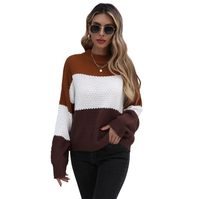 Damski sweter z golfem, Color-Block na jesień i zimę