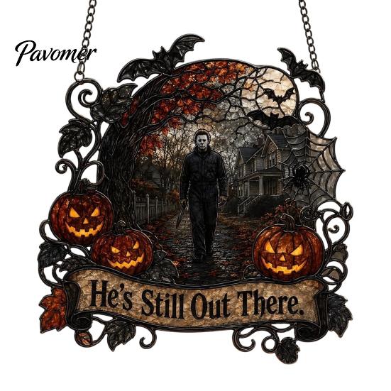 Porch Showcase Hanging Accents Halloween Decoration, 2D Michael Acrylic Suncatcher, Window Decor with Pumpkin Movie Fan Collection Gifts Tombstone,