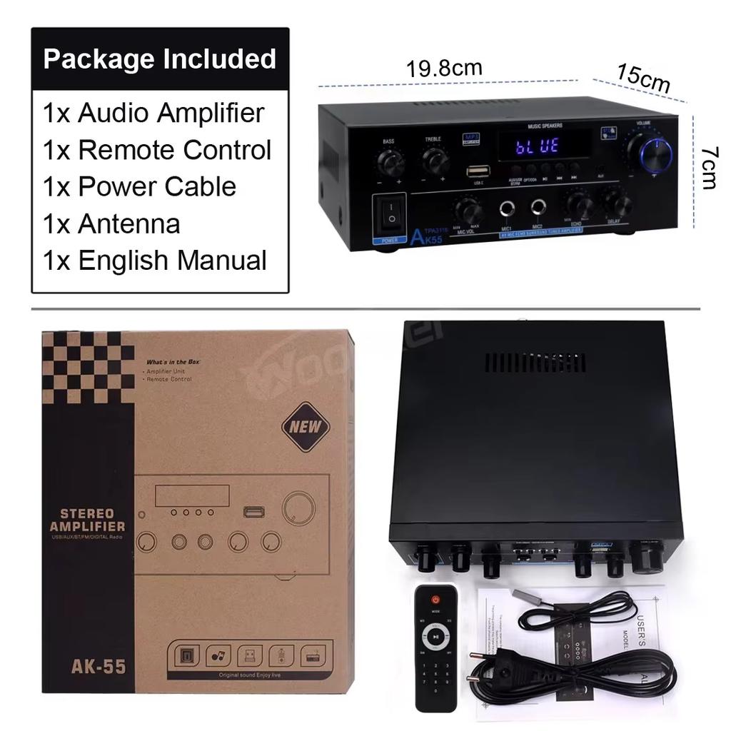 Woopker AK55 Vysoce výkonový digitální zesilovač Bluetooth Zvukový zesilovač 2kanálový HIFi FM USB Audio zesilovač pro domov, auto, karaoke
