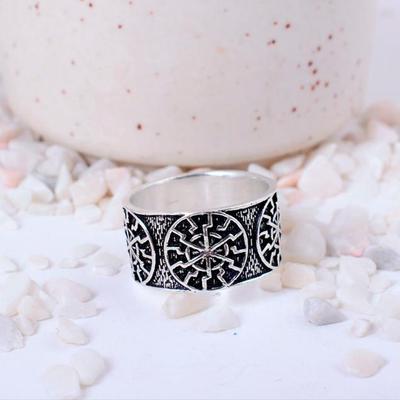 Black Sun Symbol Ring, Oxidized Silver Norse Pagan Ring, Slavic Kolovrat Statement Band, Wide Tribal Unisex Jewelry, Viking Mythology Gift