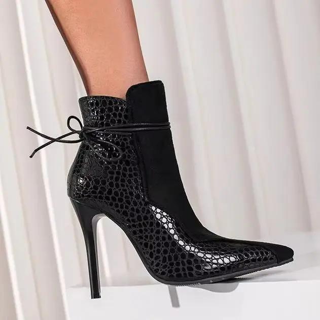 Snake Print Mixed Color Ankle Boots Women's Autumn Winter Short Boots Stiletto Heel Pointed Toe Lace UpLeather Boots