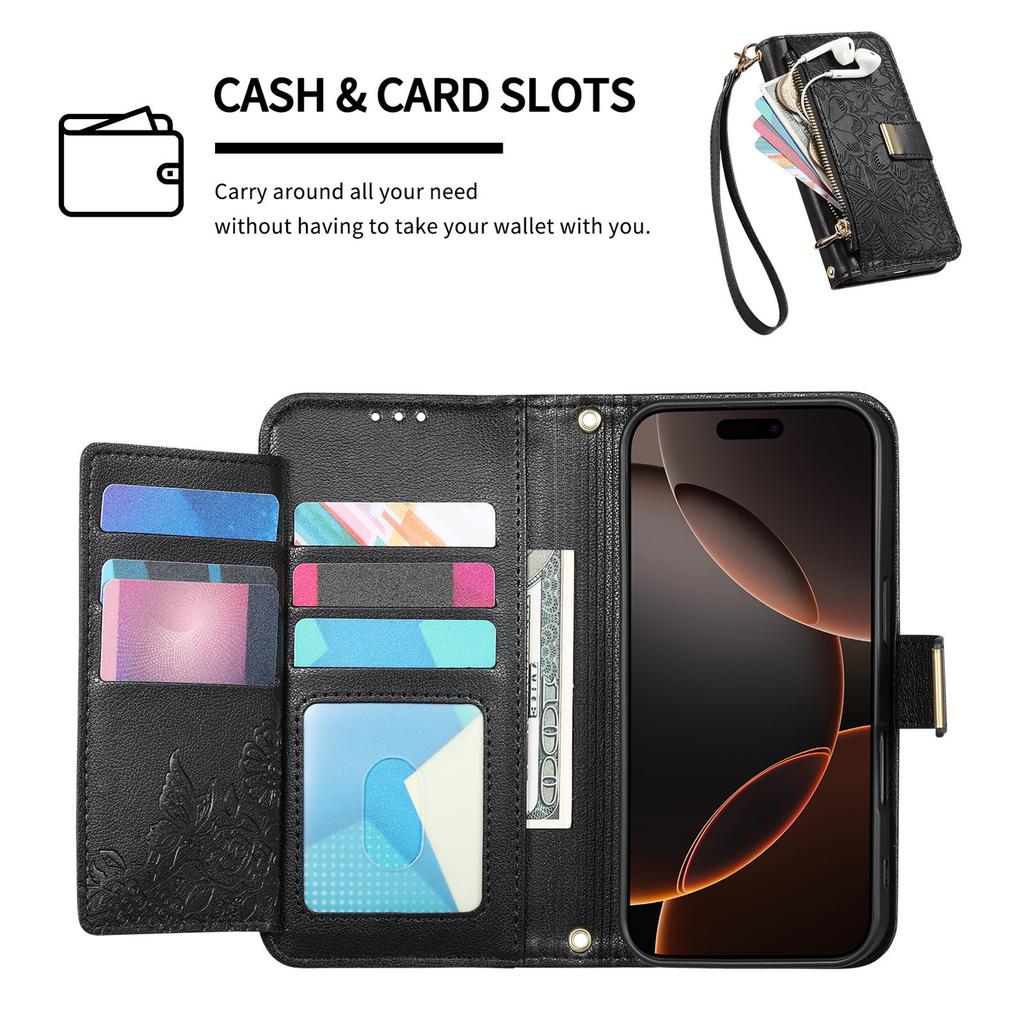 Floral Leather Wallet Case for iPhone 12-17 series.Vintage All-in-One Card Holder w/Stand, Magnetic Closure & Wrist Strap