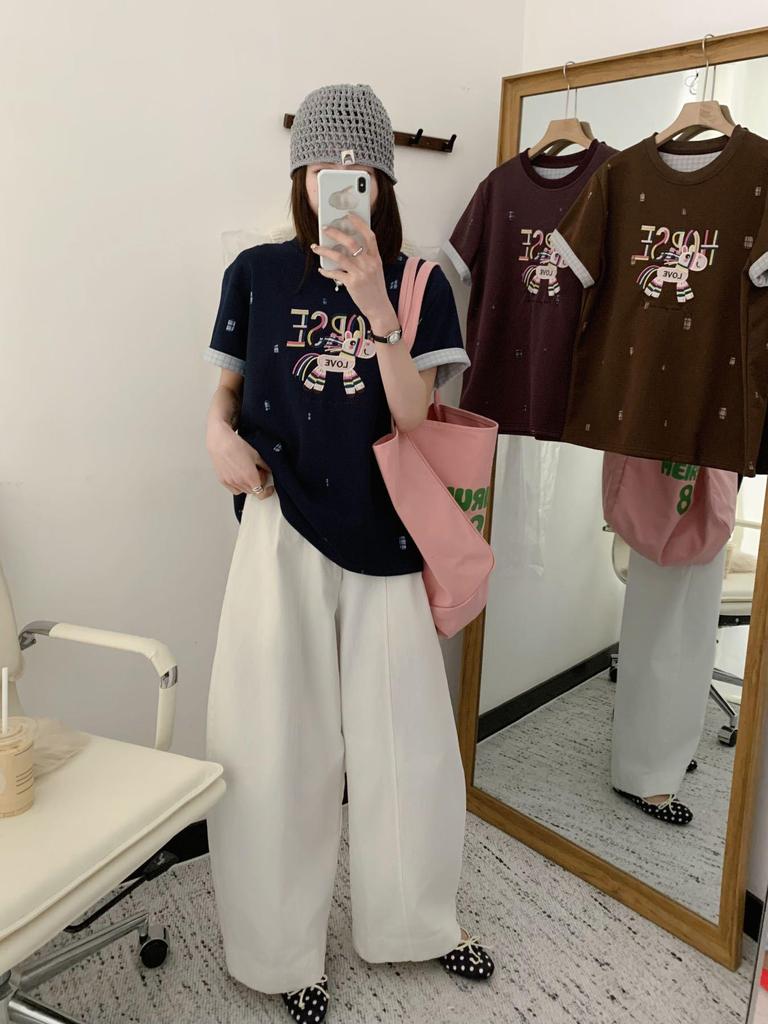 2026 Korean Style Embroidered Cartoon Letter Women's Loose Cotton T-Shirt, Casual Short Sleeve Top for Spring/Summer.