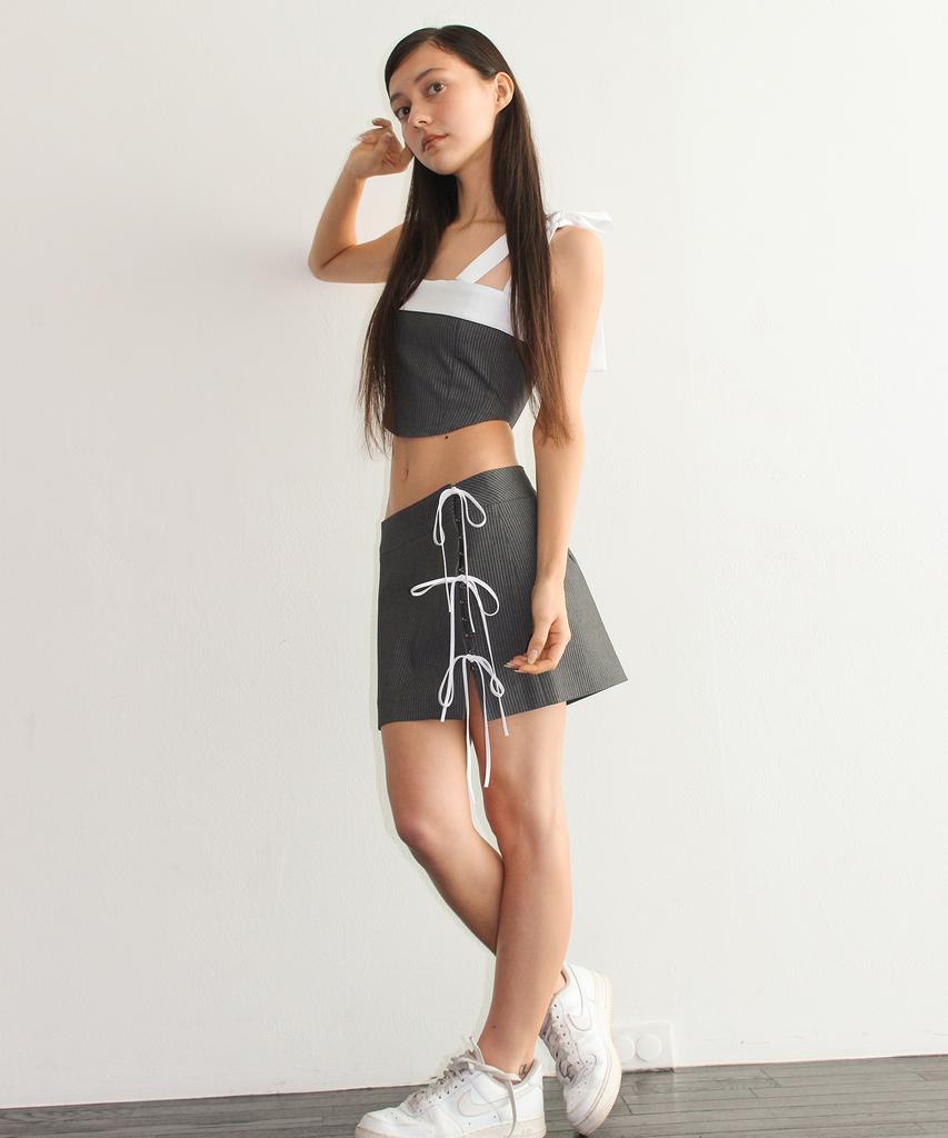 Yuhili Ribbon Pin Stripe Low Waist Wrap Mini Skirt / Gray