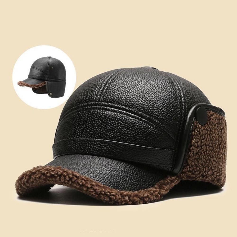 Winter Baseball Cap Men PU Leather Bomber Caps Middle Elderly Dad Hat With Earflaps Thicker Warm Windproof Tongue Hat Keep Warm