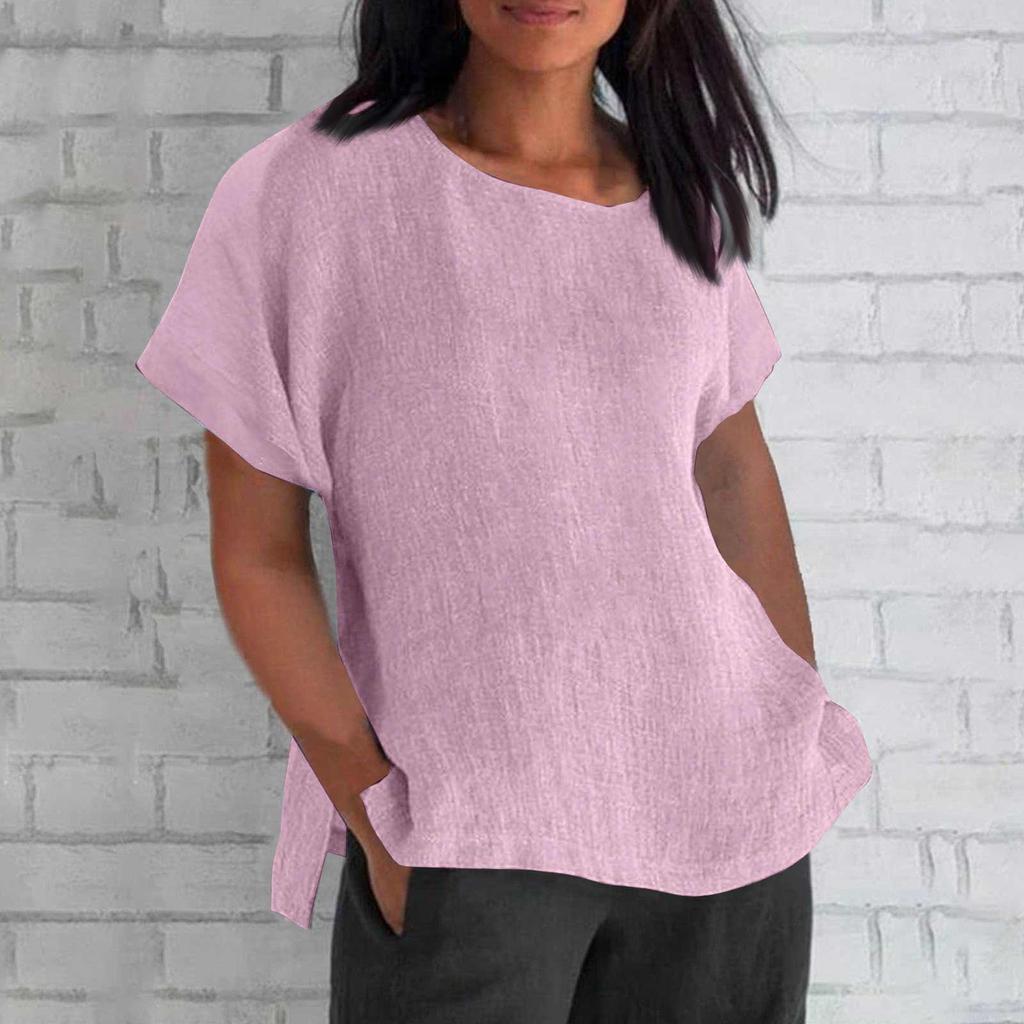Women's Fashion Short Sleeve Round Neck Solid Colour Loose Casual Shirt Cotton Blouse