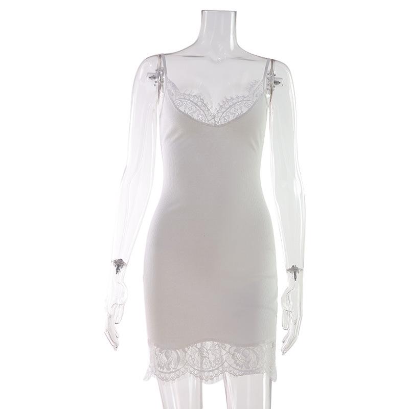 European & American Women's Sexy Spaghetti Strap Dress with Lace Trim