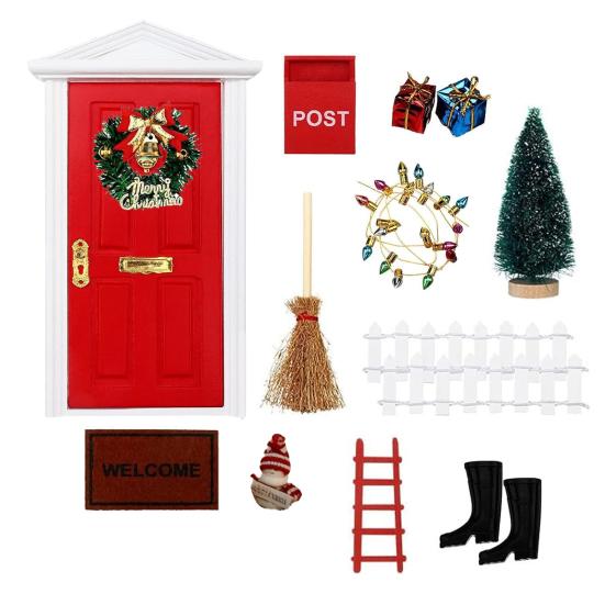 20 Pcs Wooden Miniature Christmas Elf Fairy Door Set Red Magical Tiny Door with Accessories for Dollhouse Fairy Tale Room Decor Holiday Party