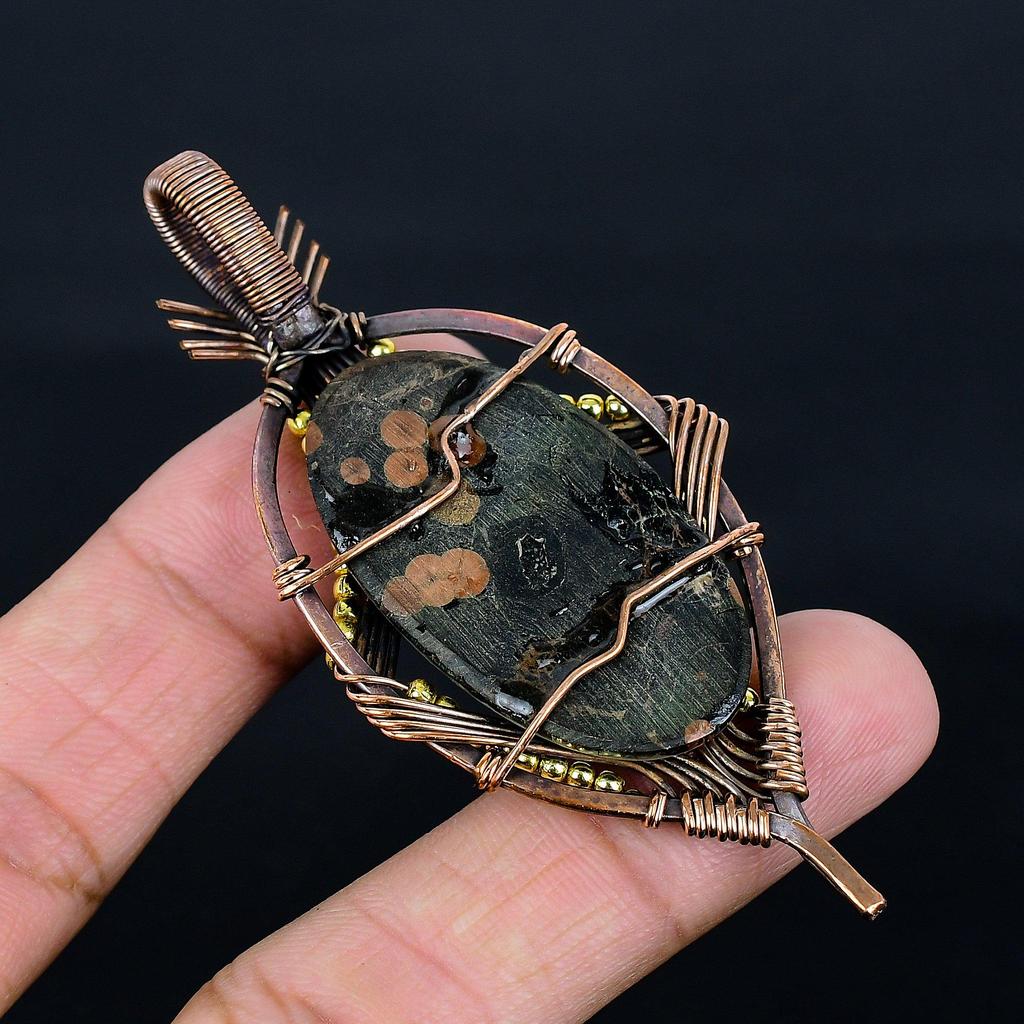 Peanut Obsidian 999 Copper Wire Wrapped Pendant, Handmade Gemstone Jewelry Pendant Gift For Birthday