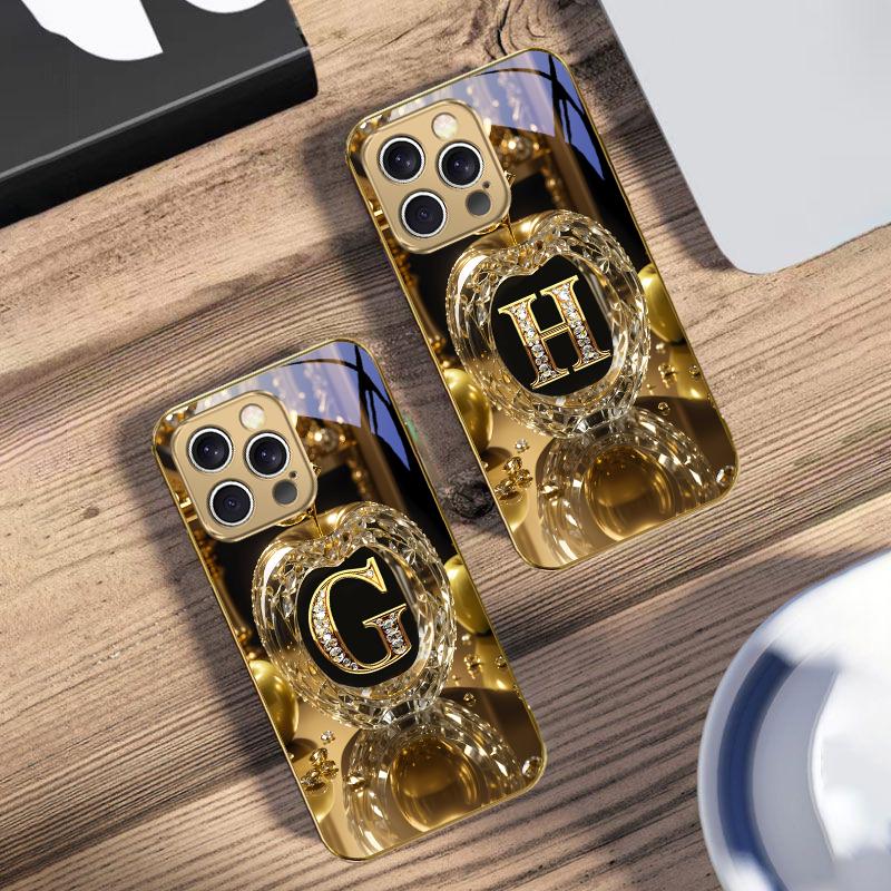 High end golden letter 'F' For IPhone 16 17Pro Max 15 P ro 14 13 Plus 12 Mini 11Pro Max XR 16E 17 Air Golden glass phone case