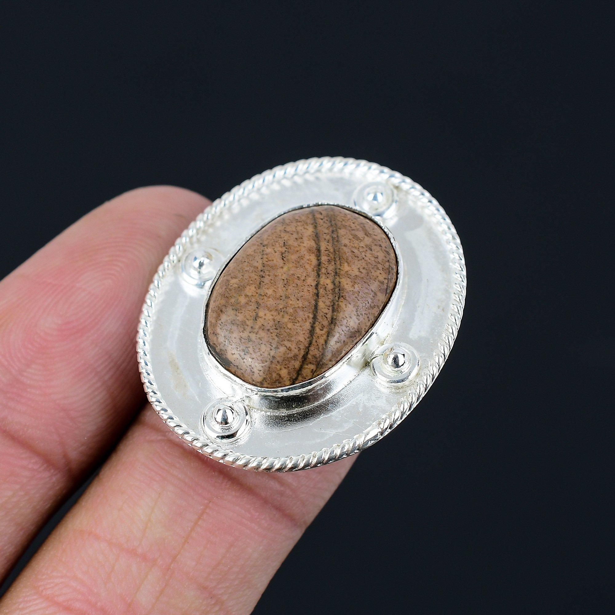 

925 Sterling Silver Picture Jasper Stone Solitaire Ethnic Ring Jewelry Size 7 7