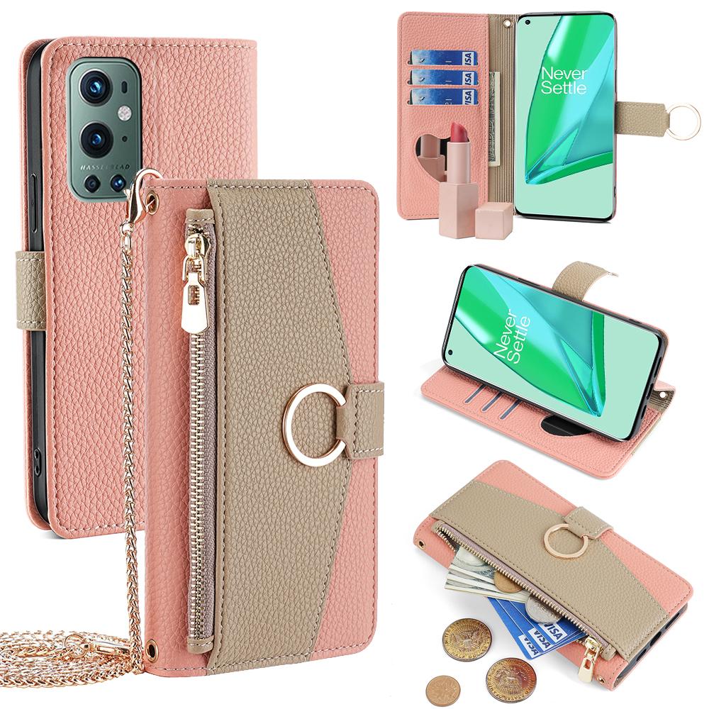 

For OnePlus 9 Pro 5G Case Leather Phone Bag Cover Zipper Wallet Stand with Mirror Strap A