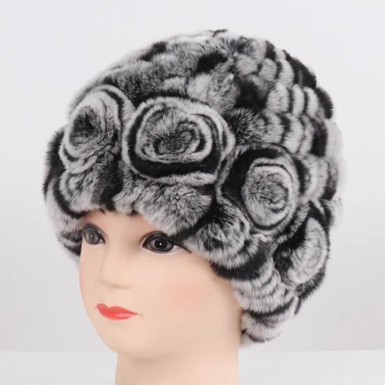 Hot Sale Winter Women Flower Striped Natural Real Fur Hats Lady Warm Knit Genuine Rex Rabbit Fur Caps Outdoor Fur Beanies Hats