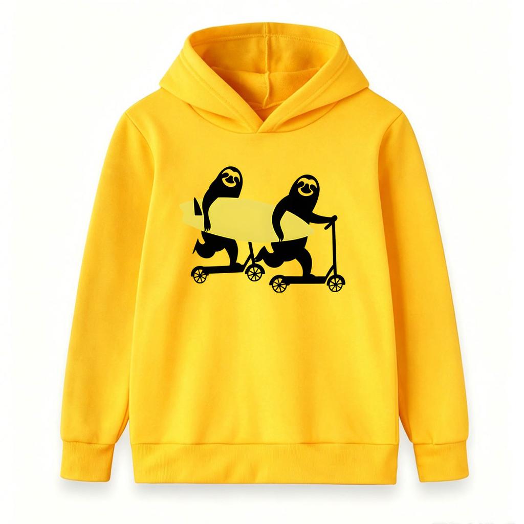 Kids Boys Girls Hoodie, Funny Sloths Ride Scooter Hold Surfboard Print Casual Long Sleeve Pullover Hooded Sweatshirt for Youth Children Daily Wear