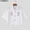 INCERUN MenTurn Down Collar Short Sleeve Acrylic Diamonds Patchwork Loose Cropped Shirts