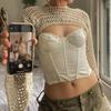 Women Y2k Crochet Knit Hollow Out Crop Top Long Flared Sleeve Shrug Sweater Mesh Cover Ups Cardigan Streetwear Pullover Women