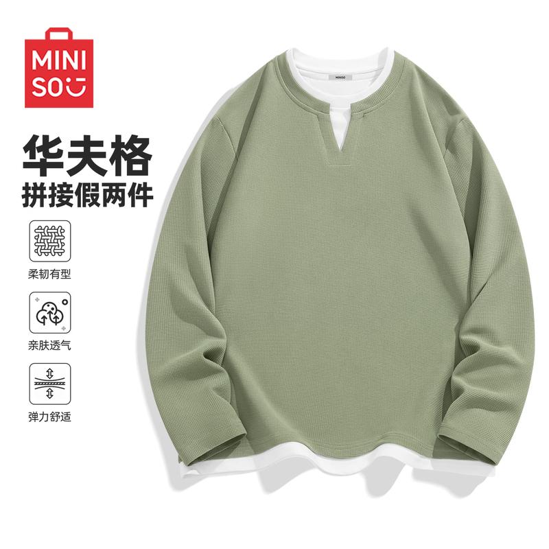 MINISO Camiseta de manga larga con cuello en V gofrado para hombre