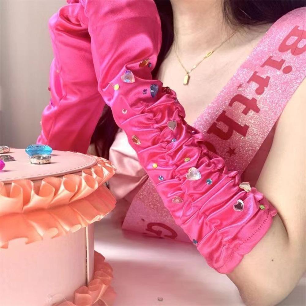 

Satin Princess Rhinestone Gloves Rhinestone Arm Cover New Party Deco Party рожевий