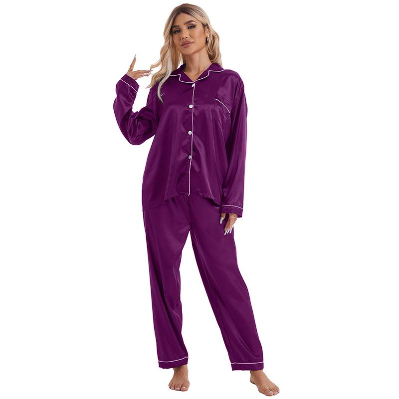 Women's Plus Size Satin Lapel Pajama Set - Long Sleeve & Pants