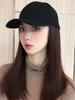 Elegant Women'S Black Baseball Cap With Adjustable Hat Wig - Long Straight Synthetic Hair, One Piece