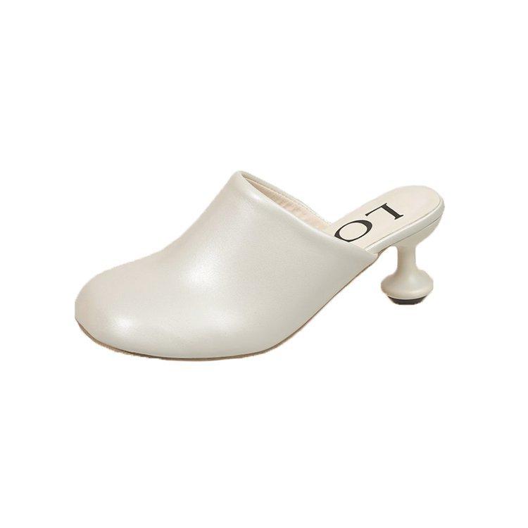 Europe, America 2025 summer and autumn shallow mouth round head middle heel temperament single shoes women wear fashion Muller half drag bag head sand