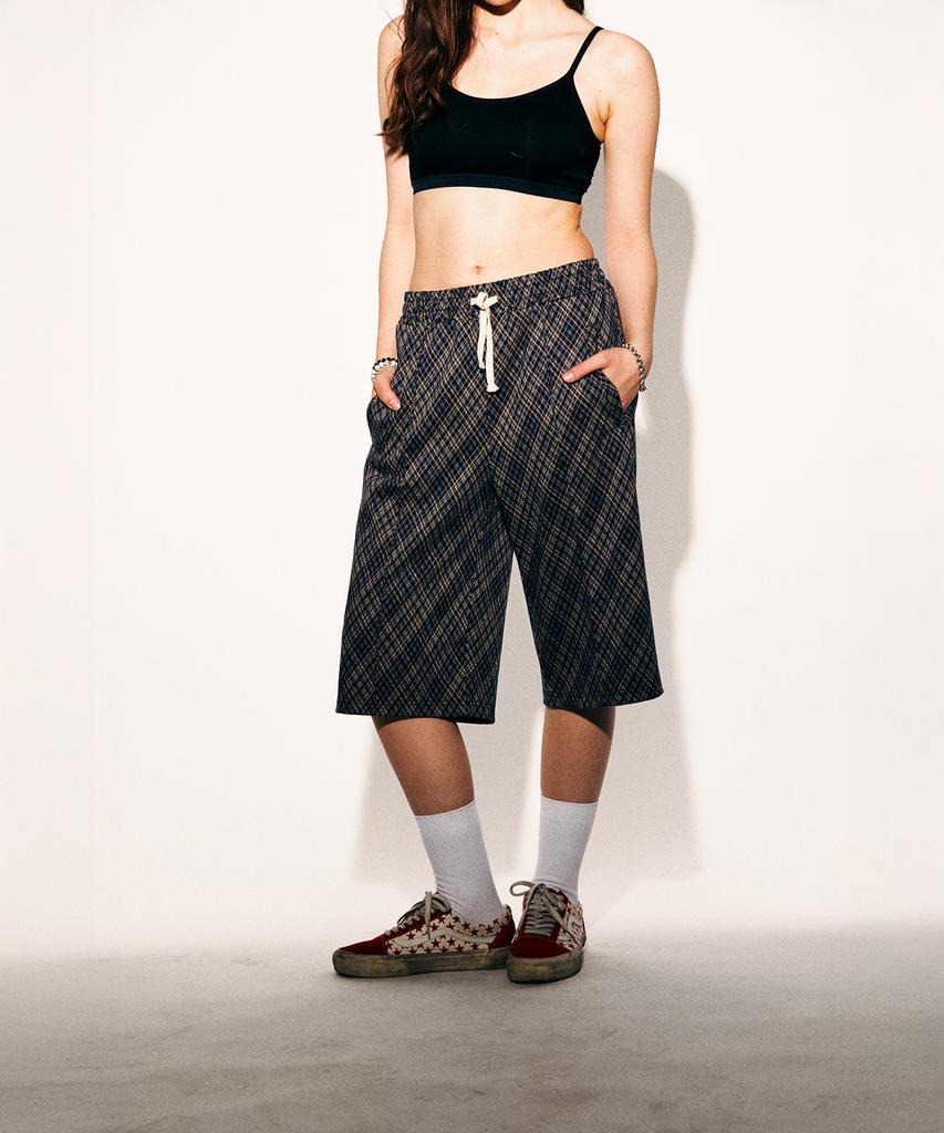 TONSIL Vintage Check Elastic Waist Bermuda Pants Navy