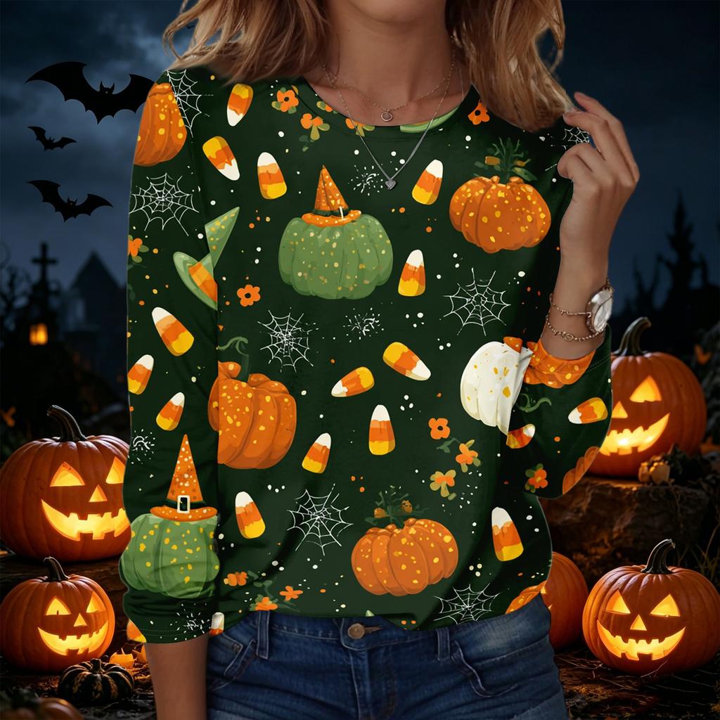 Women's Halloween Print Crew Neck Long Sleeve Pullover Sweatshirt Casual Fit Lightweight Top for Seasonal Wear