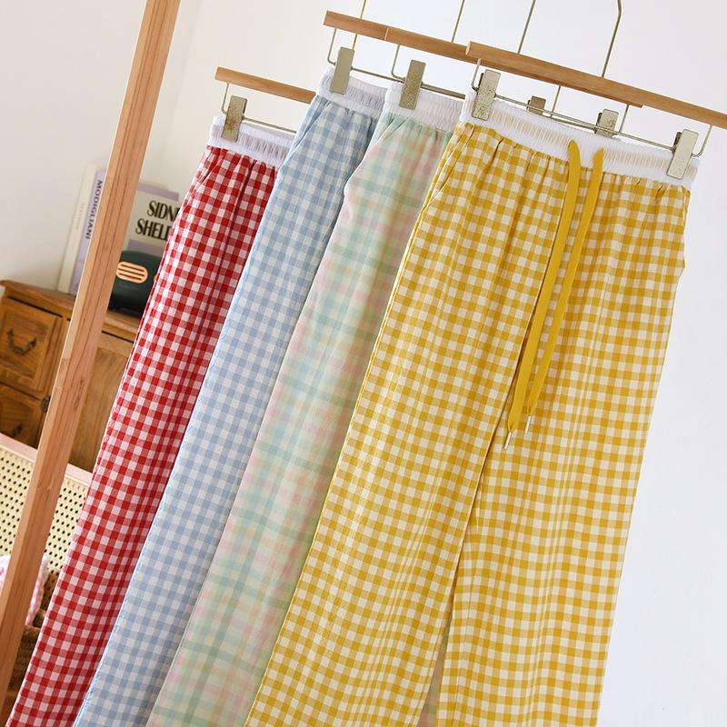 Spring Summer Color Matching Candy Straight Leg Pants for Home Wear Women's Cotton Plaid Design Loose Drawstring Waist Pajama Pants