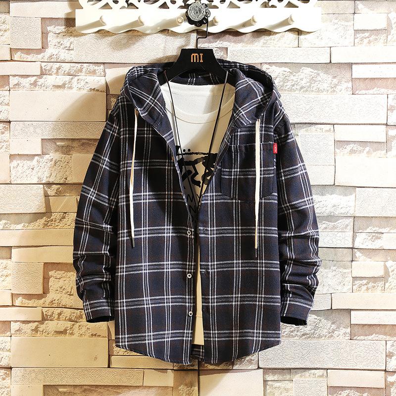 Hooded Long-sleeved Shirt Loose and Handsome Street Loose Men's Casual Shirt Plaid Jacket