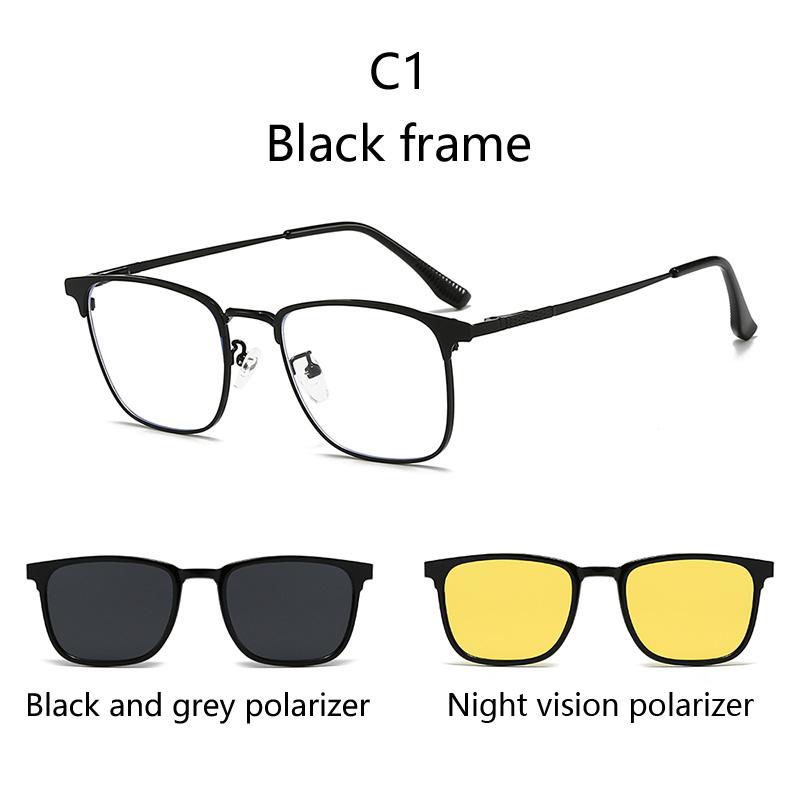 Modische Metall-Halbrahmen Drei-in-Eins Modebrille Business Flache Brille Blaulichtfilter Mit Polarisationsclips Nachtsicht