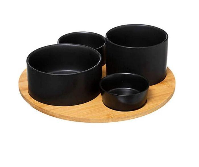 Plateau De Service - Noname - 5 Pièces - Bois Naturel - Ø 33 Cm - Noir