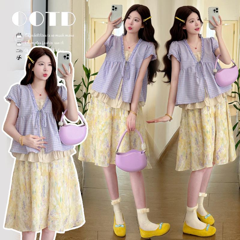 2026 Summer Maternity Set: Plaid Shirt & Floral Skirt L