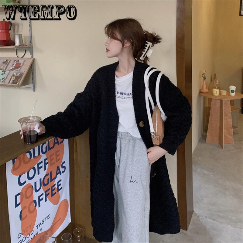 WTEMPO Women Long Knitted Sweaters Cardigans Autumn Female Large Size Casual Tops Long Sleeve Thick Solid Color Loose Coats