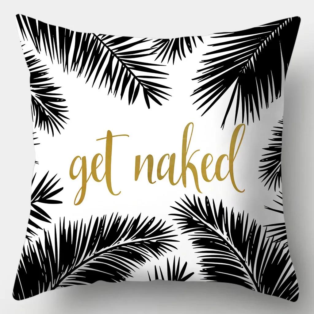 Black And White Pillowcase 45Cmx45Cm Square Sofa Pillow Cover Stripes Leaves Pattern Cushion Cover