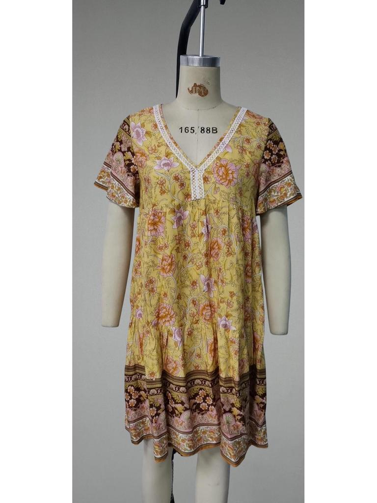 Summer French Retro V-neck Floral Dress - Beach Vacation Style for Women