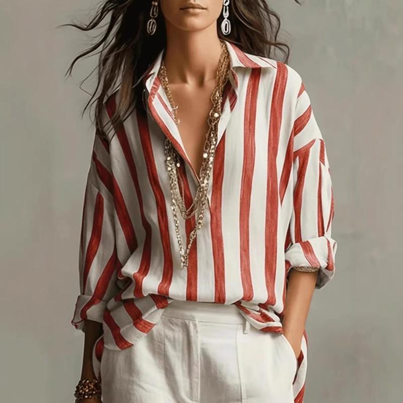 Women's Spring and Summer New Women's Striped Lapel Loose Fashionable Pullover Blouse Tops