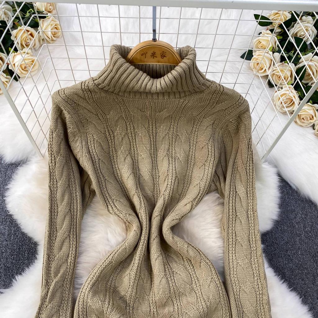 Gray Fashion Turtleneck Sweater Dress For Women New Autumn Winter Chic Long Sleeves A-Line Pullover Loose Knitted Dresses