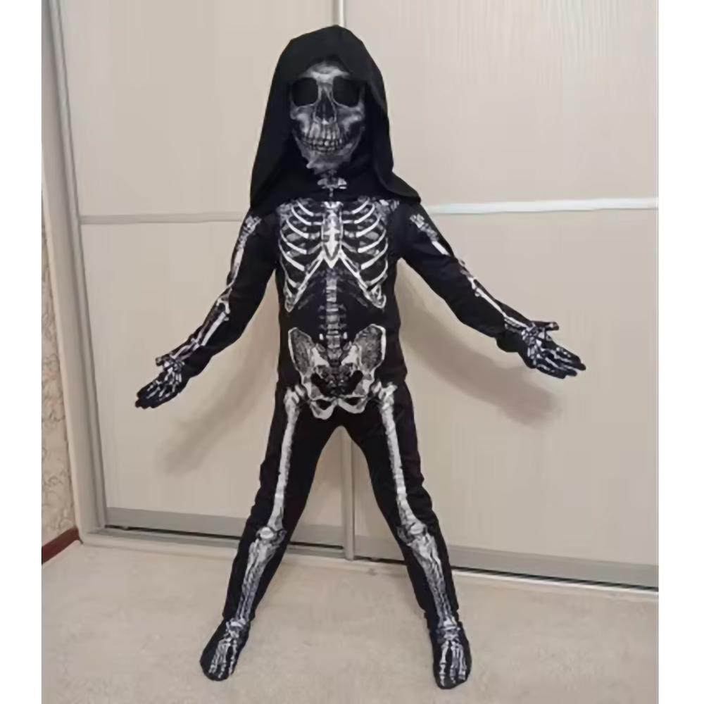 Scary Halloween Horror Kids Hooded Costume Scary Skeleton Grim Reaper Costume Boys Spooky Costume Mardi Gras Party Costume