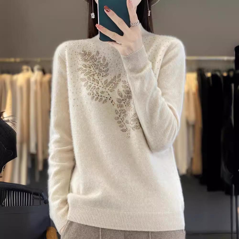 Fall Winter Crystal Mock Neck Knit Base Layer Women Sweater Inner Wear Pullover