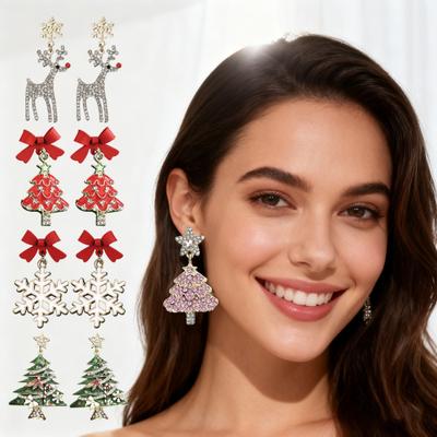 1 Pair Christmas Earrings Deer Snowflake Xmas Tree Design Hook Earrings Sparkling Rhinestones Party Earrings