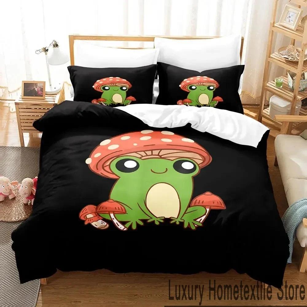 Cartoon Cottagecore Frog Mushroom 3D Bedding Set Duvet Cover Bed Set Quilt Cover Pillowcase Comforter King Queen Size Boys Adult