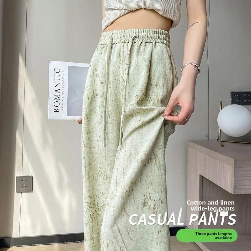 2026 High-Waisted Cotton-Linen Wide-Leg Skirt-Pants for Women, Lightweight Summer Loose-Fit Cropped Pants, Simple Casual Ice-Silk Trousers